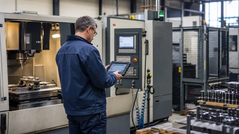 Production engineer checking operating data on a tablet beside a CNC machining cell