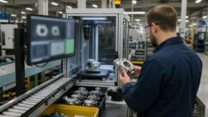 AI in manufacturing. Quality engineer checking a machined component beside a machine-vision inspection station