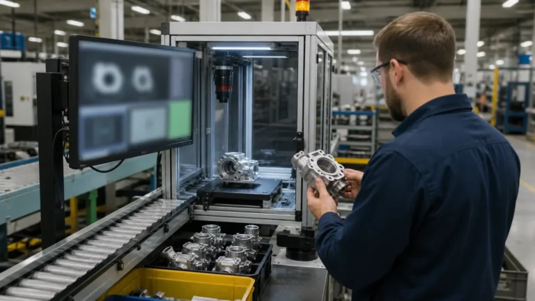 AI in manufacturing. Quality engineer checking a machined component beside a machine-vision inspection station