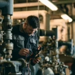 Technik z ręcznym urządzeniem pomiarowym przy instalacji rurowej
