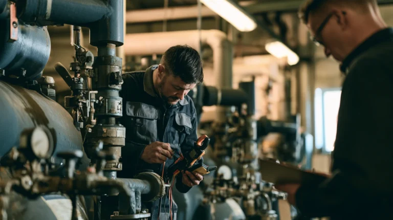 Technik z ręcznym urządzeniem pomiarowym przy instalacji rurowej