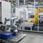 Cobot vs Industrial Robot: Costs and Selection. Automation engineer comparing a collaborative robot cell with a guarded industrial robot cell