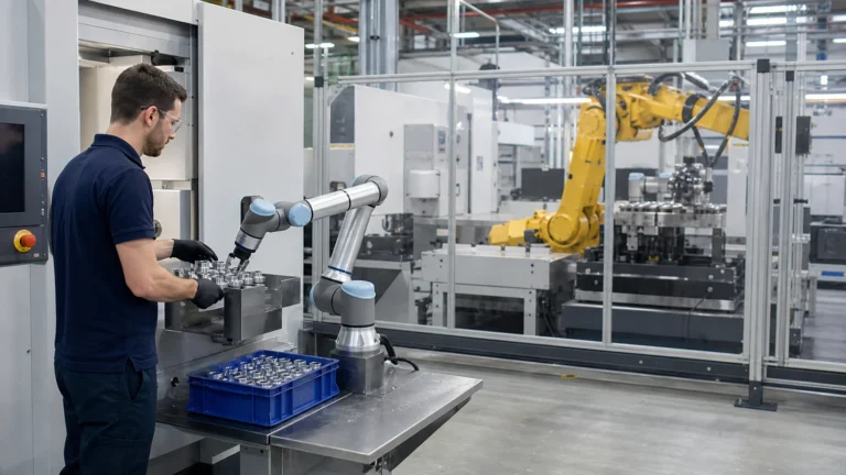 Cobot vs Industrial Robot: Costs and Selection. Automation engineer comparing a collaborative robot cell with a guarded industrial robot cell