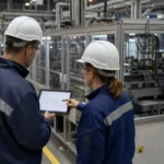 Digital Transformation in Manufacturing. Production manager and automation engineer reviewing process data beside a manufacturing line