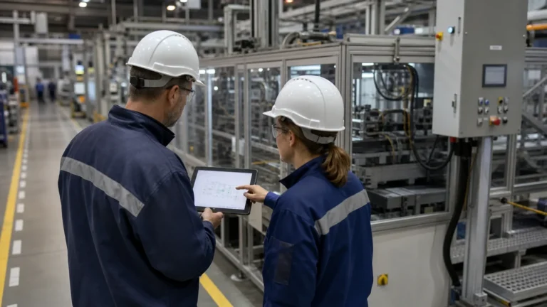 Digital Transformation in Manufacturing. Production manager and automation engineer reviewing process data beside a manufacturing line