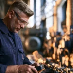 Inżynier sprawdzający zużycie energii przy pracującej linii produkcyjnej