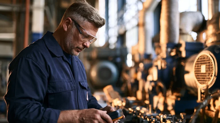 Inżynier sprawdzający zużycie energii przy pracującej linii produkcyjnej