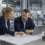 industrial investment project evaluation. Investment team reviewing technical drawings and financial assumptions for an industrial project