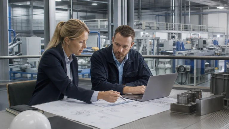 industrial investment project evaluation. Investment team reviewing technical drawings and financial assumptions for an industrial project