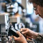 Technik w okularach korzysta z ręcznego miernika przy instalacji z licznikami i rurami