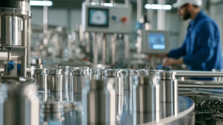 Metalowe cylindryczne elementy na linii produkcyjnej