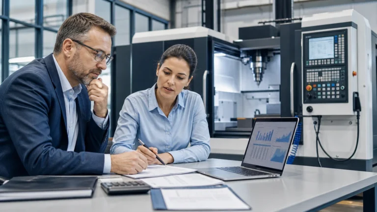 Leasing vs Purchasing Industrial Machinery. Finance manager comparing an industrial machinery lease proposal with a purchase investment model