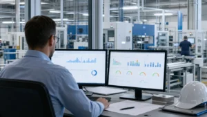 MES vs ERP: Differences, Integration and Selection. Production manager comparing ERP planning data with live MES shop-floor information