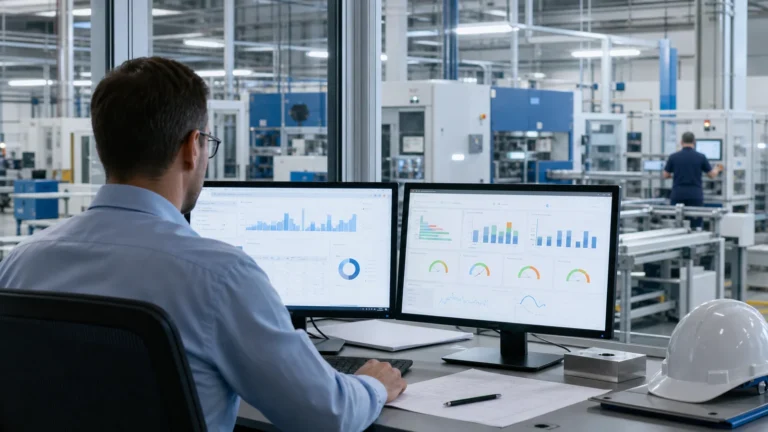 MES vs ERP: Differences, Integration and Selection. Production manager comparing ERP planning data with live MES shop-floor information