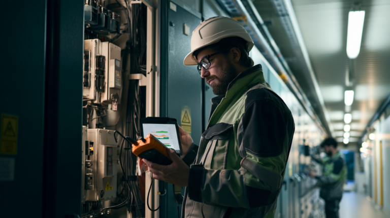 Technik w kasku trzyma przyrząd przy otwartej szafie elektrycznej