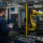 Production automation ROI. Manufacturing engineer measuring a guarded robotic machine-loading cycle