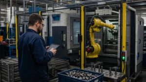 Production automation ROI. Manufacturing engineer measuring a guarded robotic machine-loading cycle