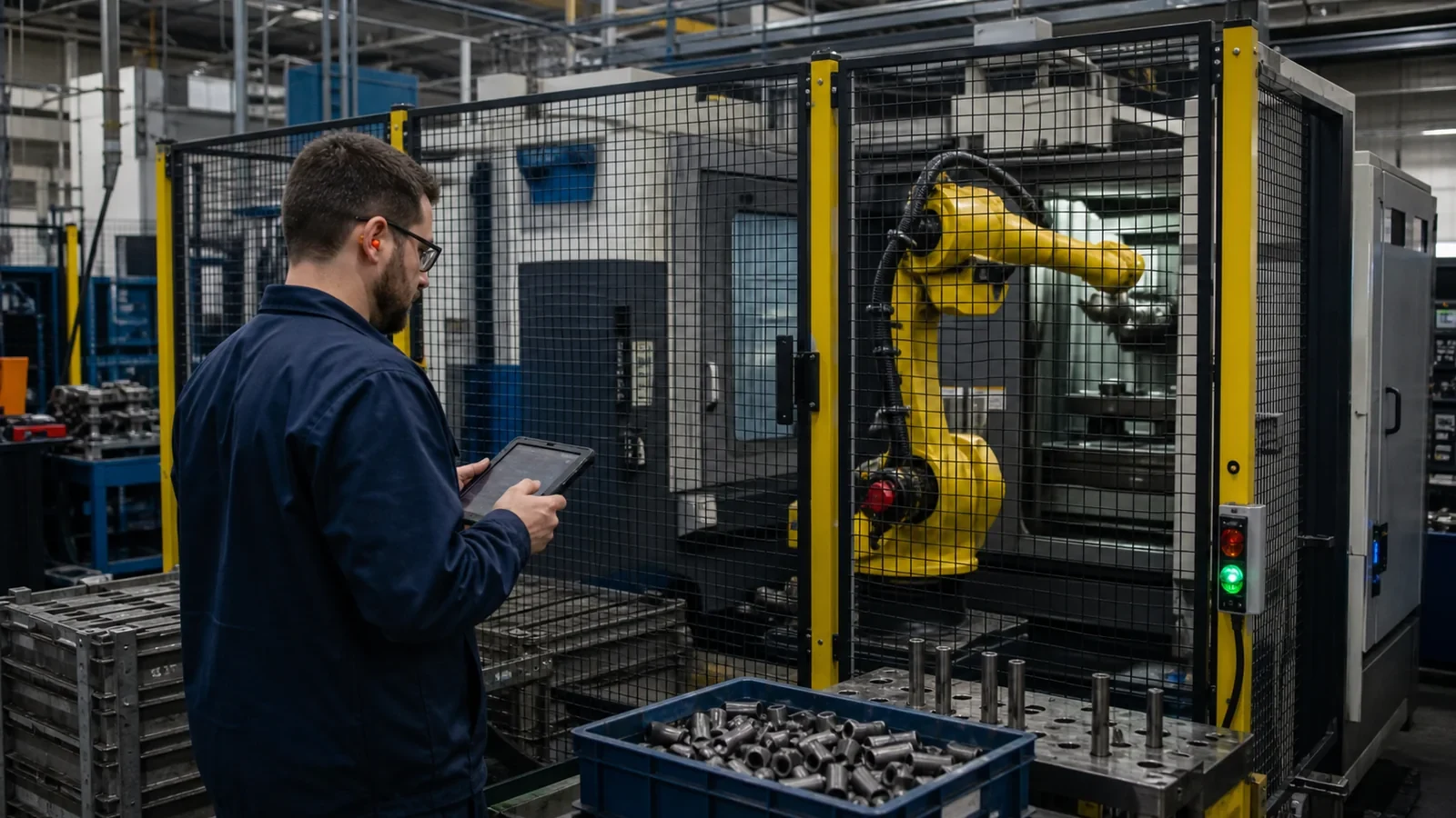 Production automation ROI. Manufacturing engineer measuring a guarded robotic machine-loading cycle